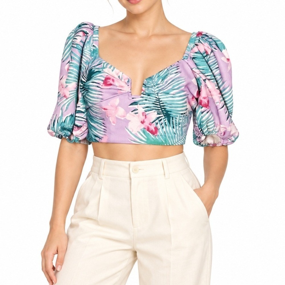 Y2K Fashion Nova Crop Top Womens XS Purple Tropical Floral Puff Sleeve Coquette